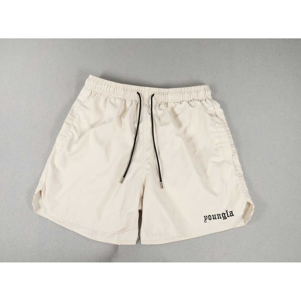YoungLA Mens Athletic Gym Shorts Logo Drawstring Beige Size Small Streetwear